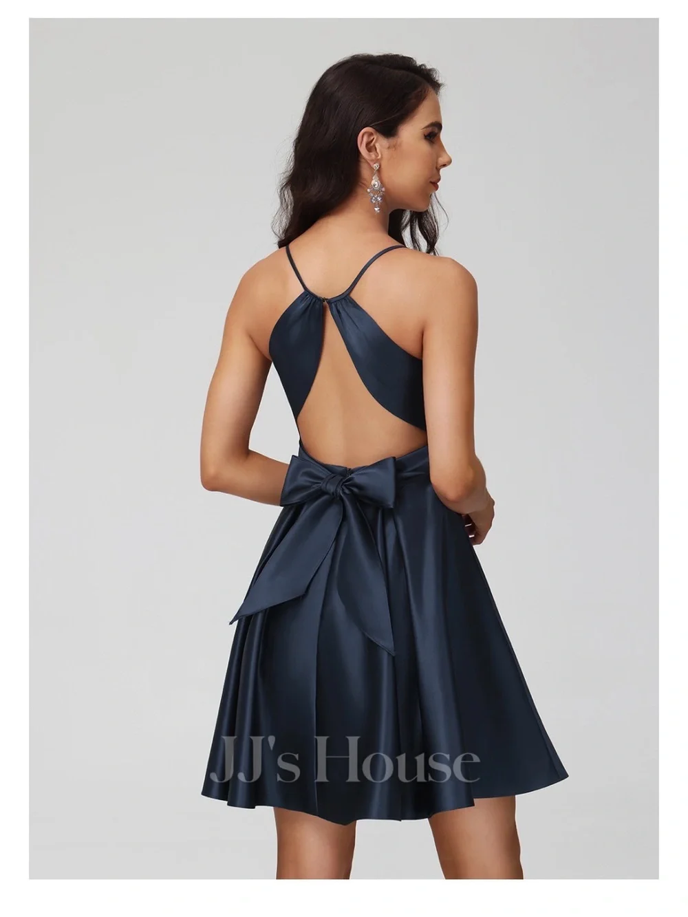 JJ's House Giulia Champagne V-Neck Spaghetti Straps Pleated Satin Dress #274654